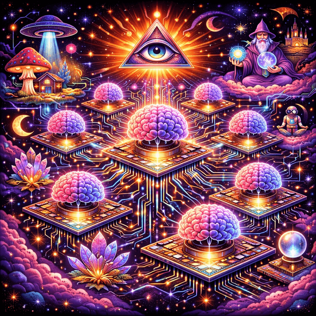 Nesso artwork with interconnected glowing brains and a cosmic landscape
